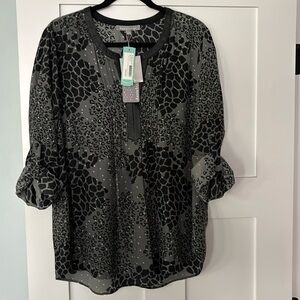 Daniel Rainn Anika Faux Leather Trim Leopard Print Blouse